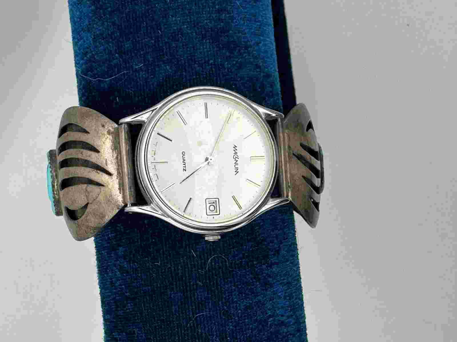 Magnum Quartz Turquoise Stone Watch Base Metal Bezel Stainless Steel Back