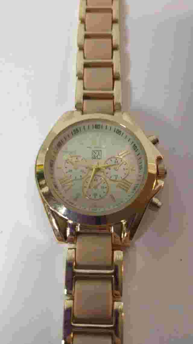 Women's 40mm Rose Gold NY&C Watch, Multifunction Look, Beige Resin Accented Band