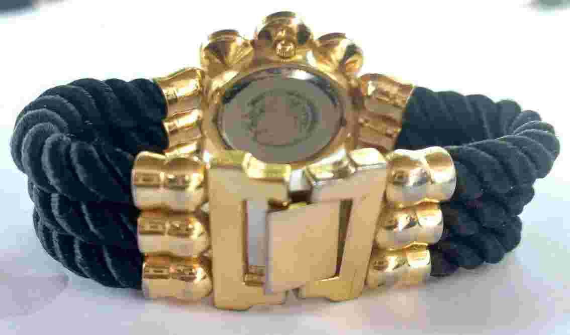 Women Park Lane Watch Black Cord Bracelet Band Gold Case White Face Crystal Acce