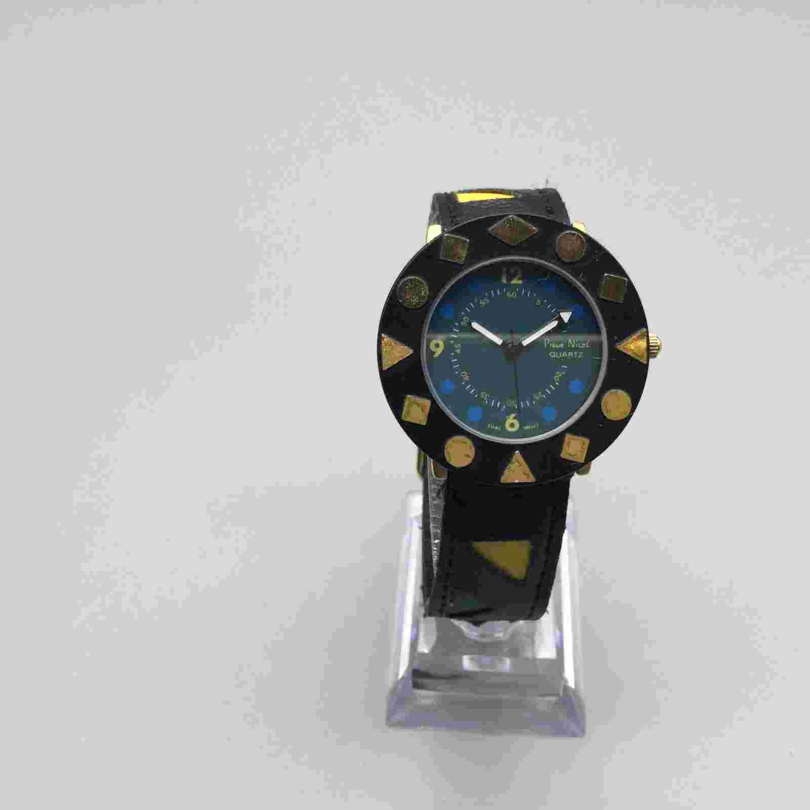 Vintage Pierre Nicol Watch Women 37mm Gold Tone Black Leather Band New Battery