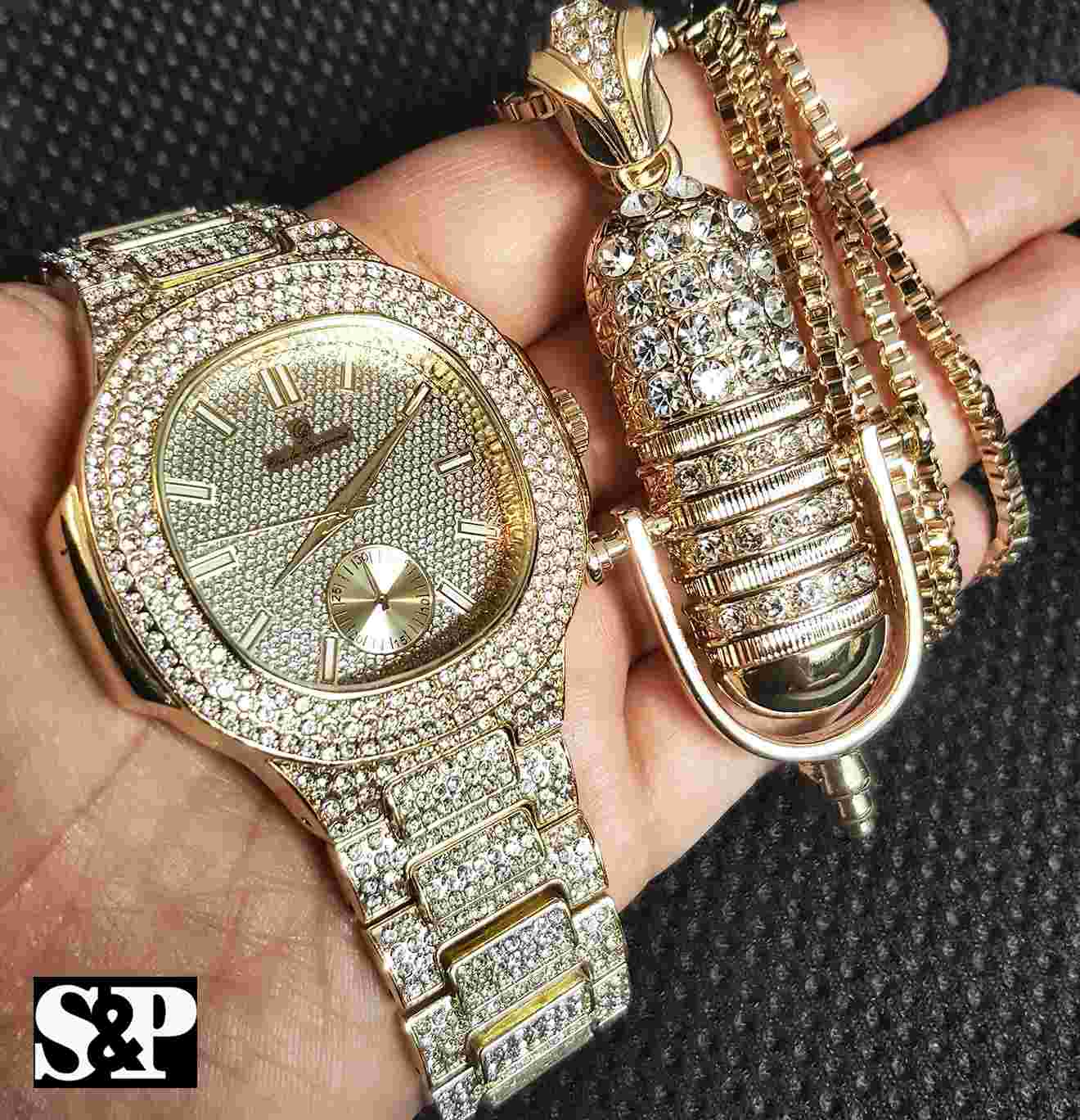 MEN ICED HIP HOP GOLD PT QUAVO WATCH & MIC MICROPHONE NECKLACE BLING COMBO SET