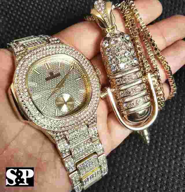 MEN ICED HIP HOP GOLD PT QUAVO WATCH & MIC MICROPHONE NECKLACE BLING COMBO SET
