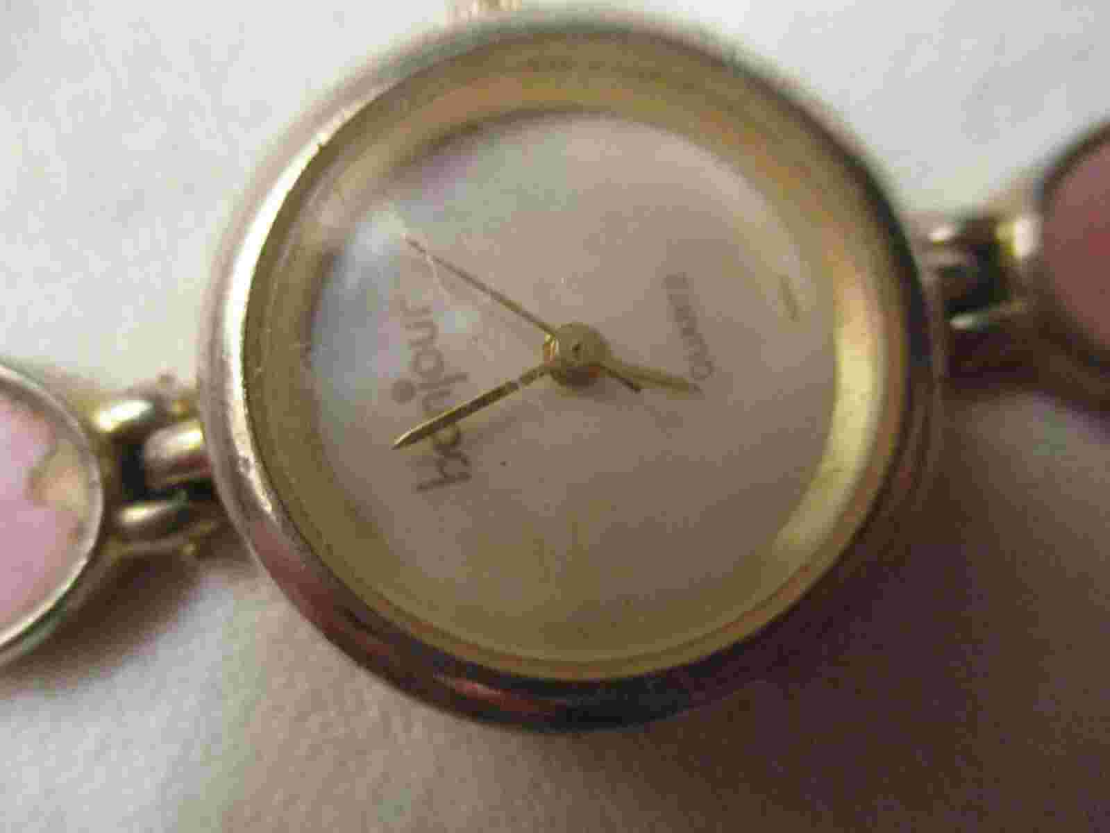 Bonjour Wristwatch Round White Face Gold Toned Colorful Pastel Bracelet Band