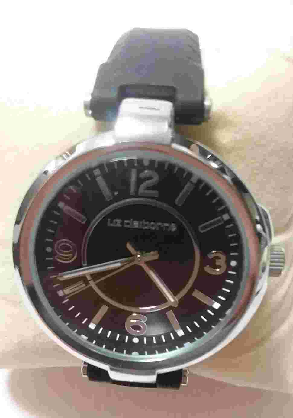 NEW LIZ CLAIBORNE MEN'S WATCH CLM1254, Silvertone, Black Band and Dial with Box