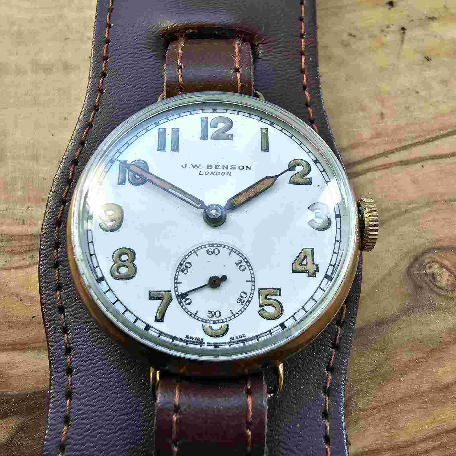 Vintage 9k Solid Gold J W Benson Trench  Men's Watch