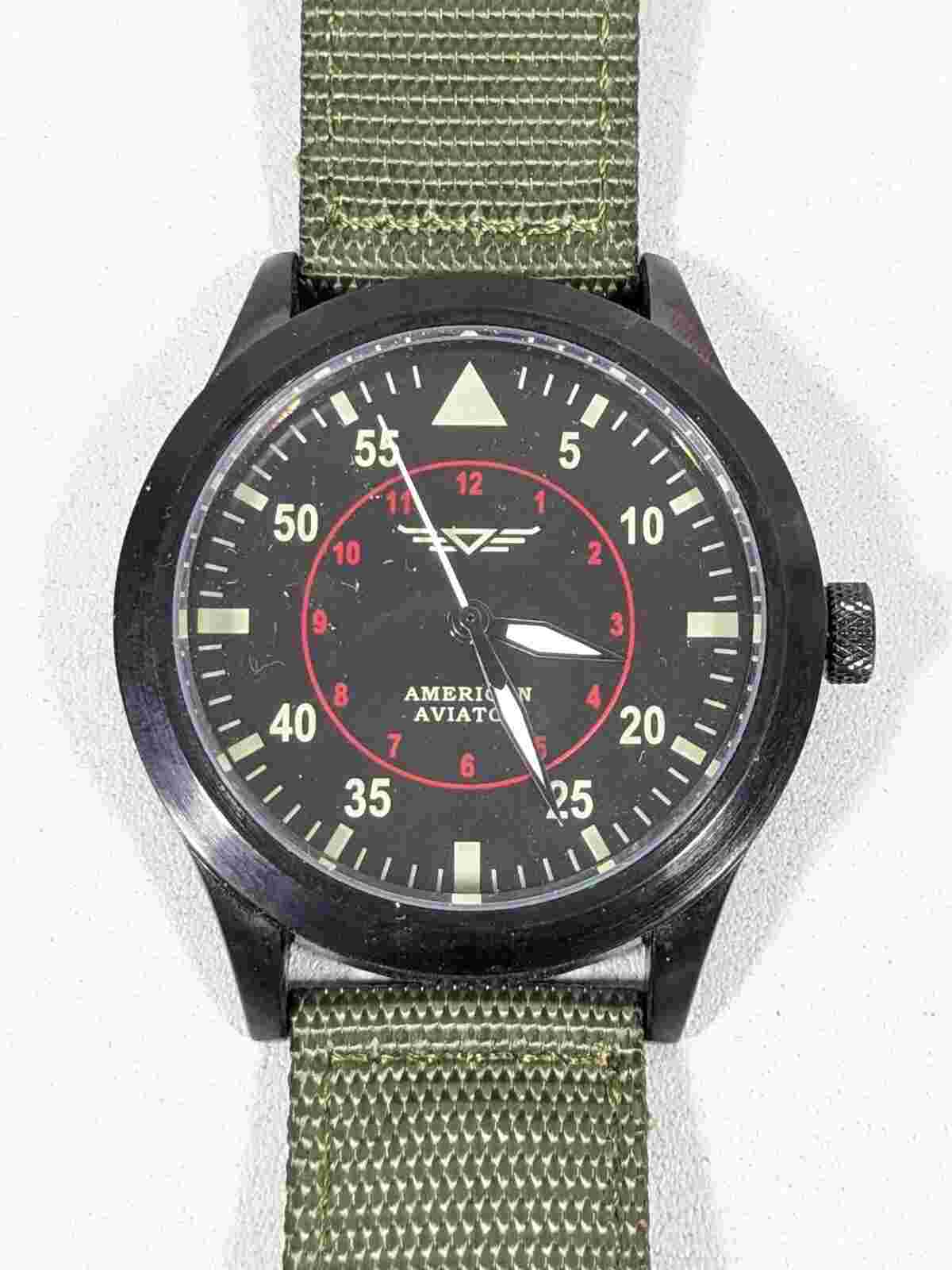 American Aviator Black Dial Round Case 44 mm Green Canvas Band Watch