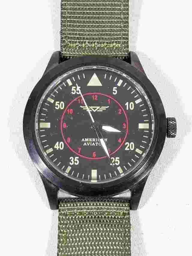 American Aviator Black Dial Round Case 44 mm Green Canvas Band Watch