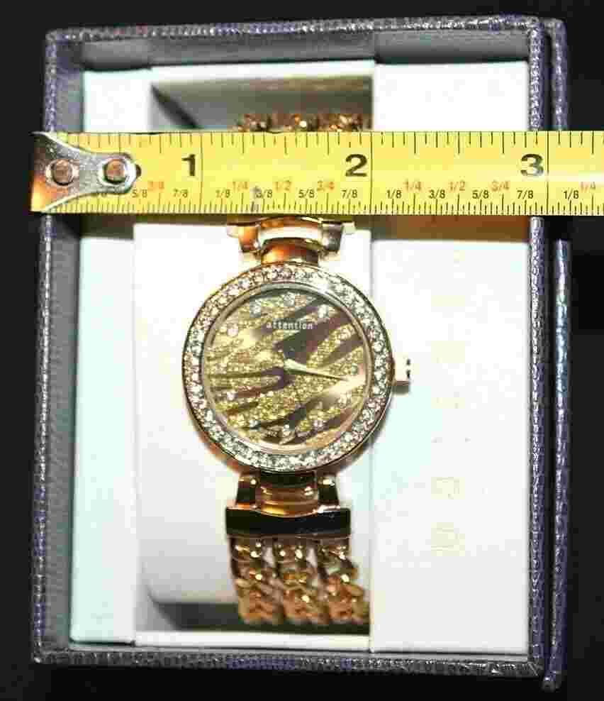 Attention Gold Tone Crystal Rimmed Glittery Animal Print  Wristwatch Watch