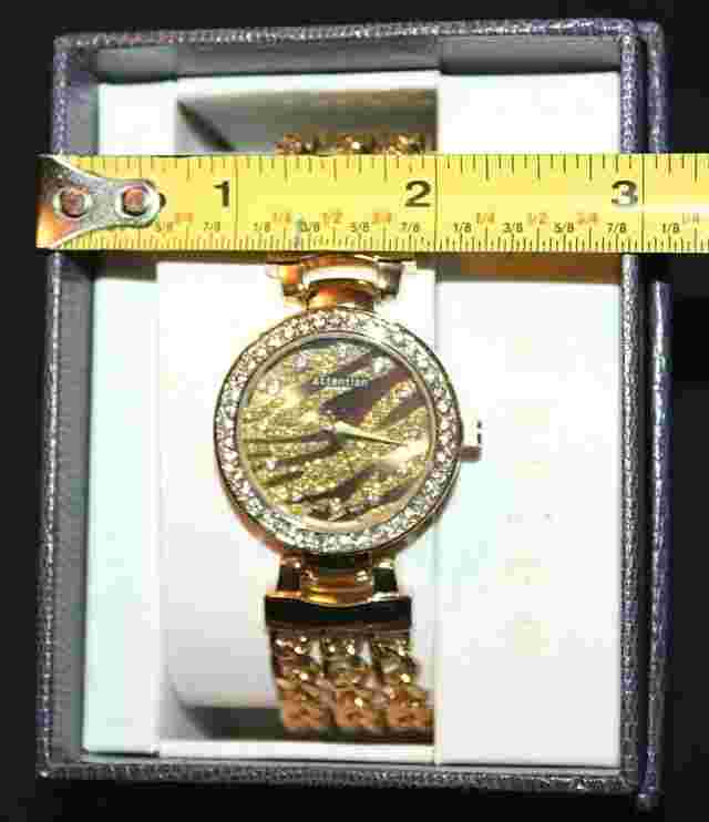 Attention Gold Tone Crystal Rimmed Glittery Animal Print  Wristwatch Watch