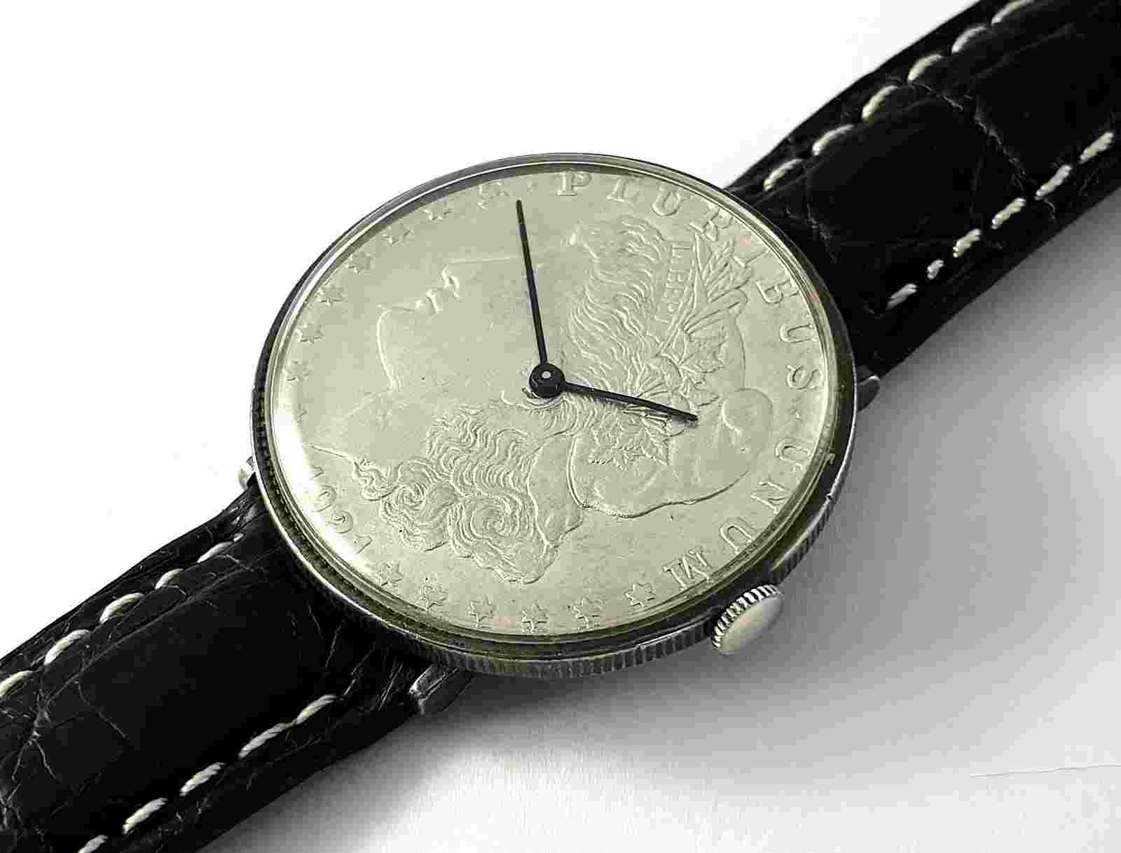 Vintage Swank Real 1921 Silver Morgan Dollar Mens Watch 17J Swiss 1980s