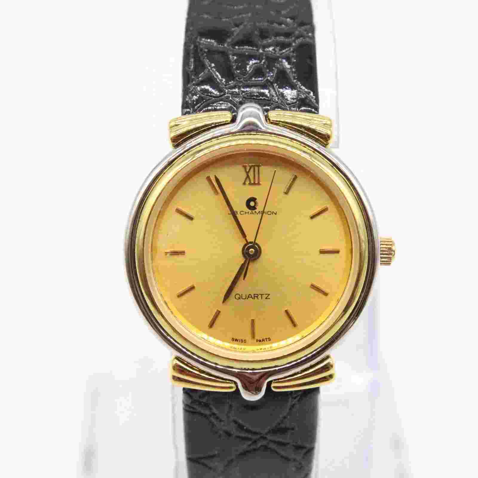 J.B Champion Watch Womens Gold Tone Stainless Steel Classic Black Leather Band