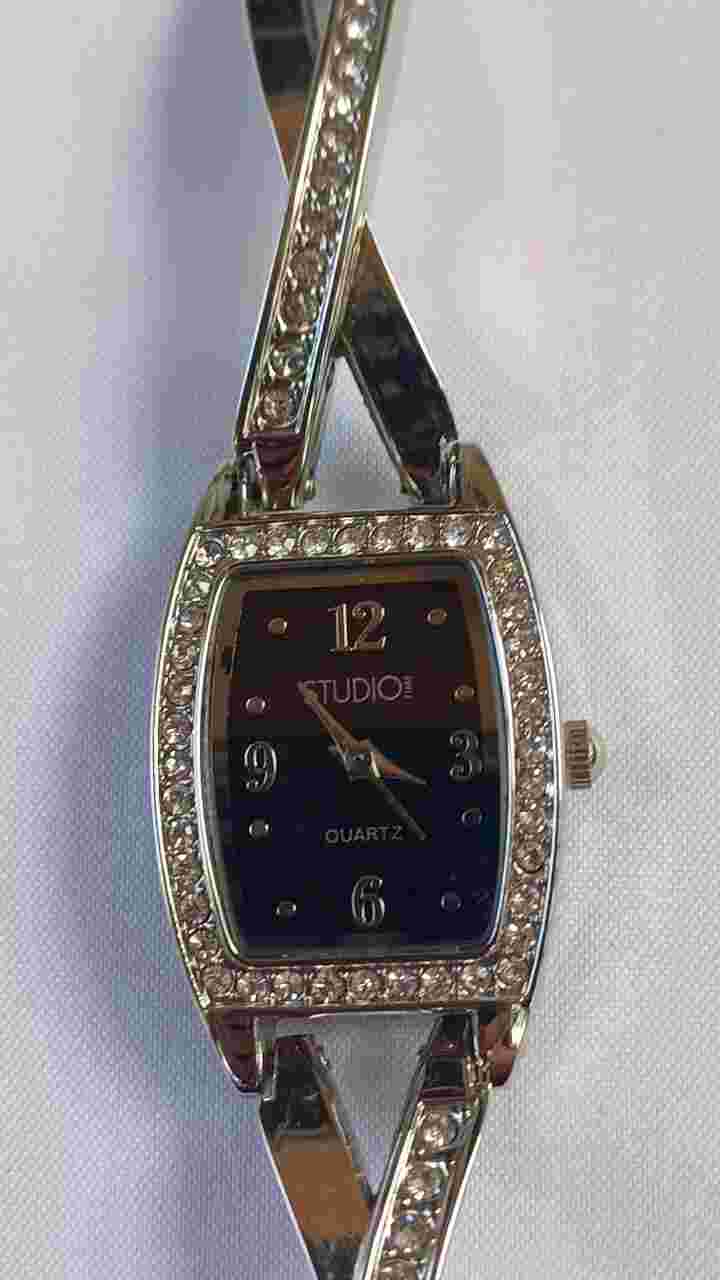 Studio Time Wristwatch Rectangular Black Face Silver Tone Rhinestones Sparkly