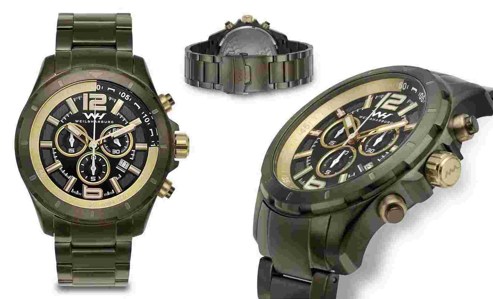 NEW Weil & Harburg 14144 Men's Thornton Kodiac Chrono Gold Dial Grey Steel Watch