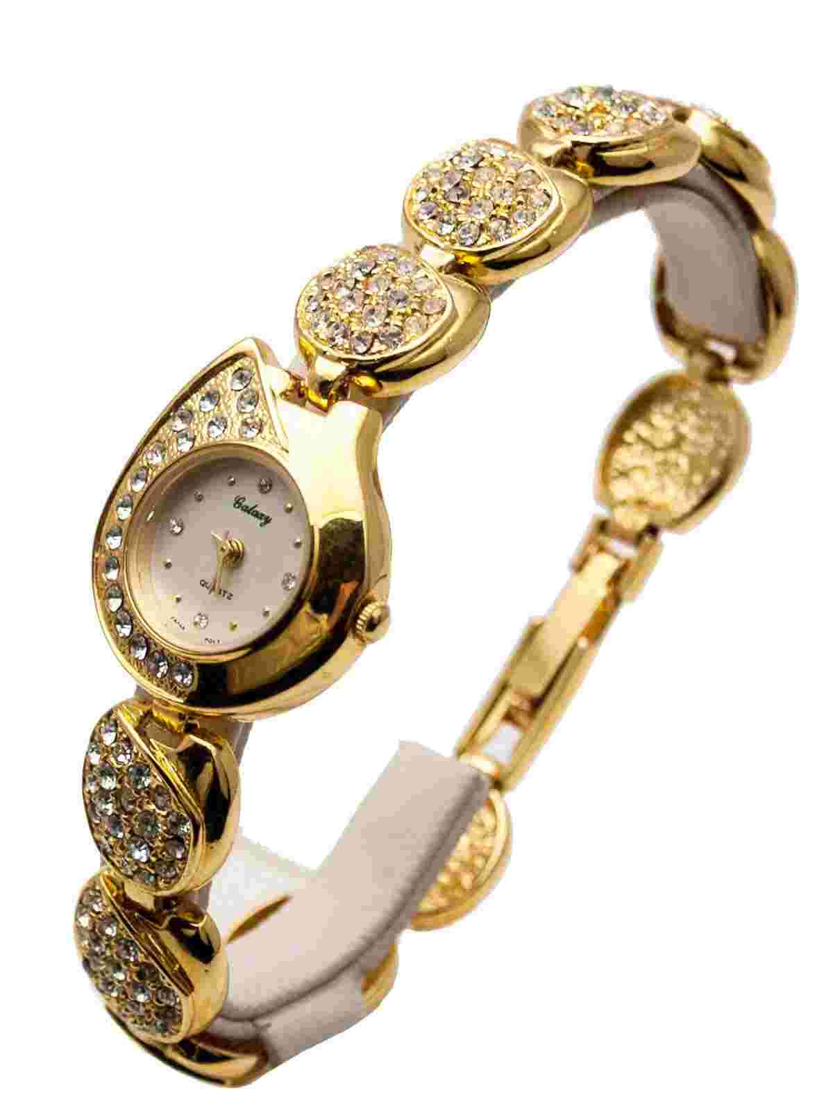 GALAXY: WOMEN'S GOLD FINISH FULL RHINESTONES ROUND CASE CONE LINKS ANALOGE WATCH