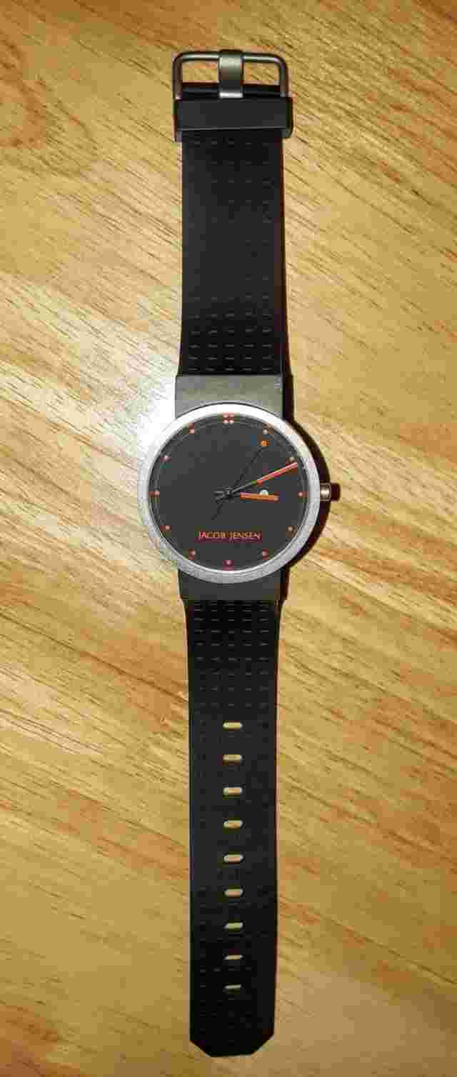Jacob Jensen mens watch Clear 410 titanium black rubber orange Swiss quartz