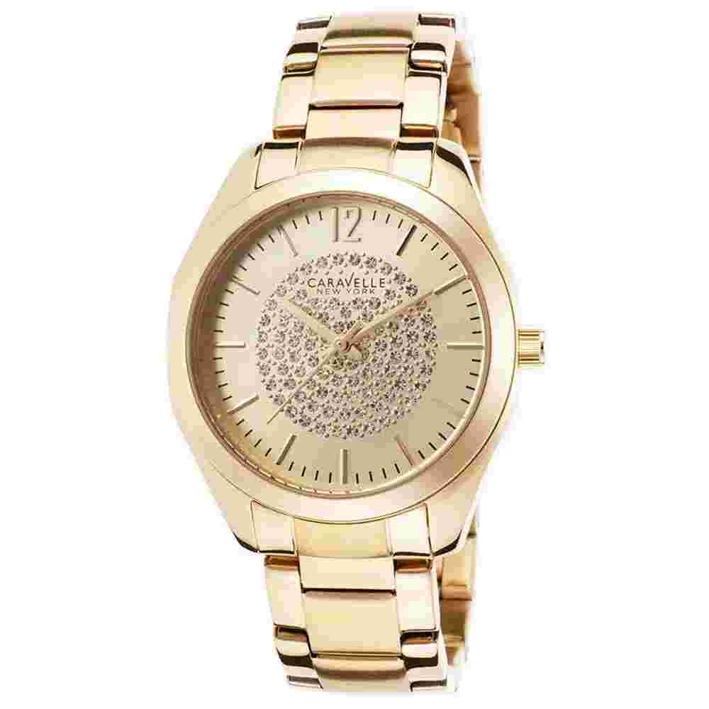CARAVELLE Gold-tone Pave Dial Stainless Steel Quartz Ladies Watch 44L159