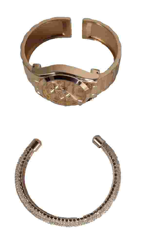 Strada Japanese Movement Gold Tone Watch with Crystal Cuff Bamble Bracelet