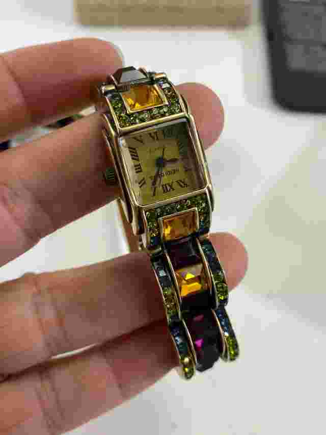 VTG Heidi Daus Watche Bracelet Earrings Gold Tone Multi-Colored Stones DS32