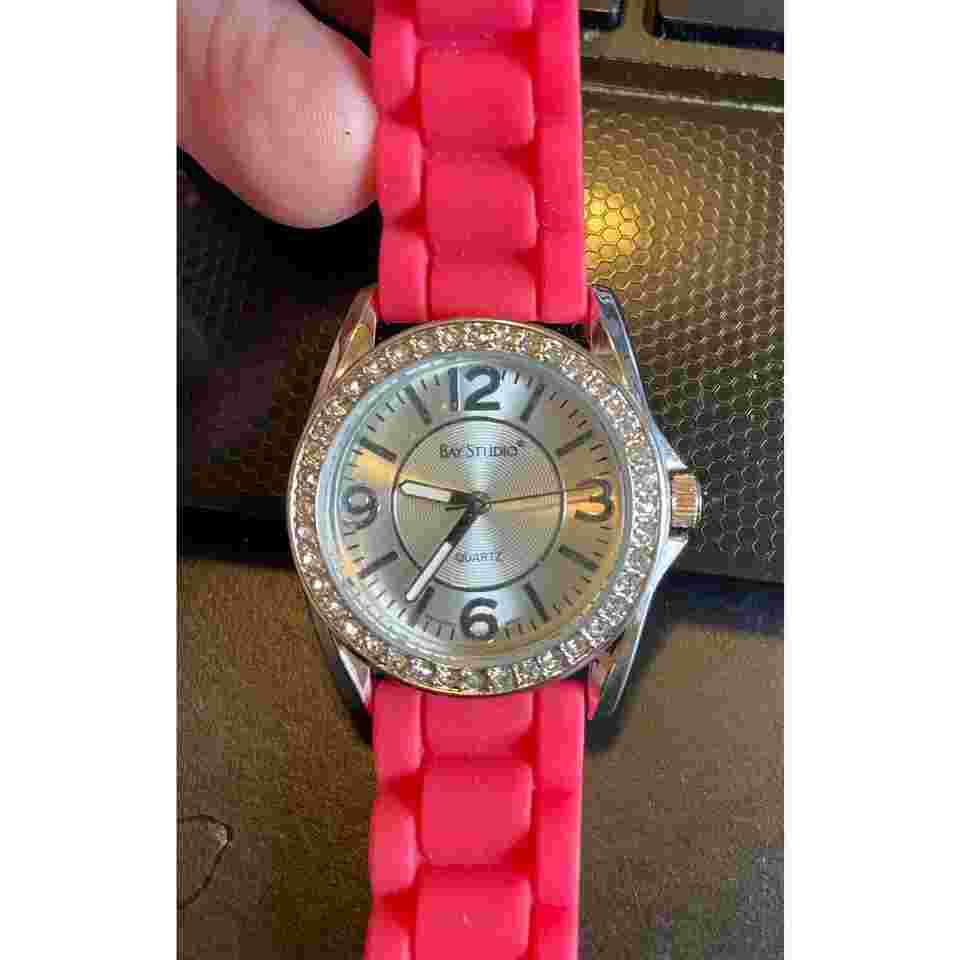 Women's Bay Studio Watch, Silver Tone with Rhinestone Bezel, Pink Poly Band