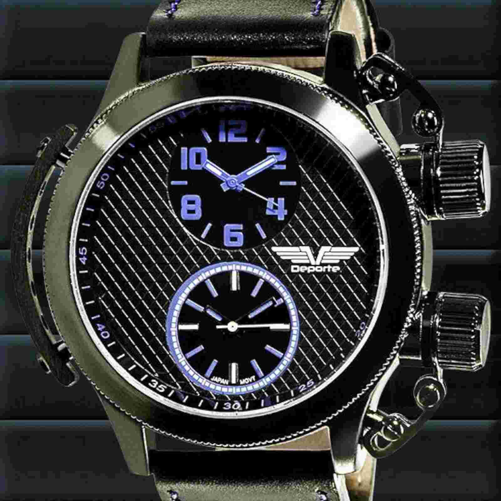 NEW Deporte 9830-BLU Men's Sutton Watch SS Case Dual Time Chronograph Blue