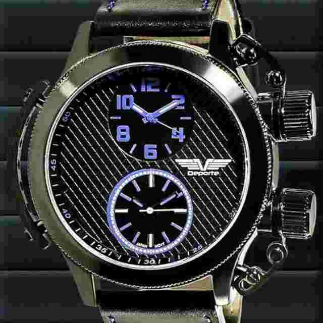 NEW Deporte 9830-BLU Men's Sutton Watch SS Case Dual Time Chronograph Blue