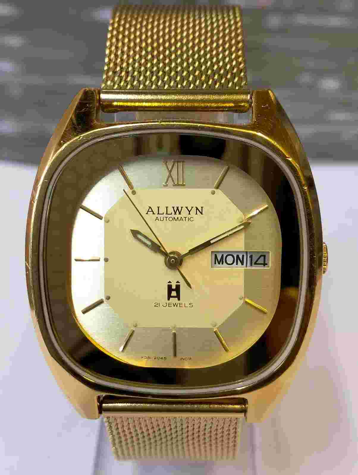 ALLWYN 21 JEWELS AUTOMATIC NOS GOLD DIAL Y381-5050 INDIA MEN'S FULL WORKING VTG.