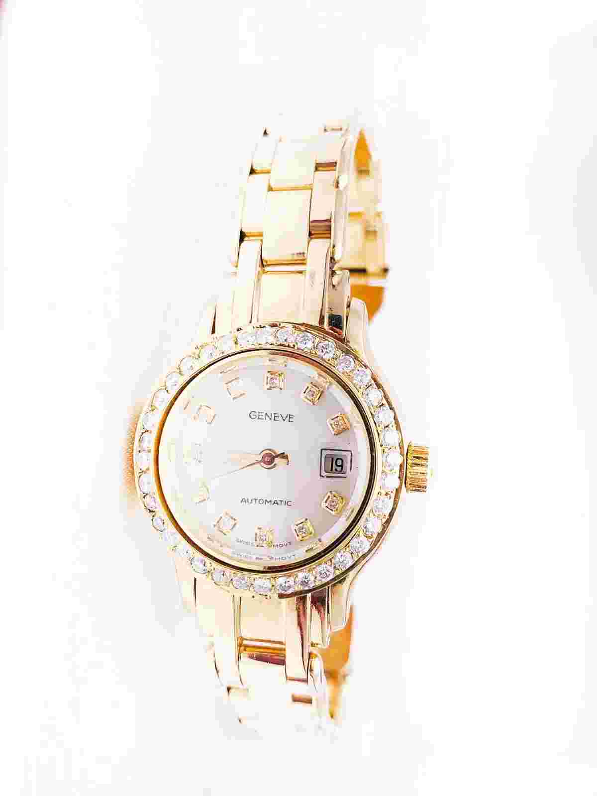 Ladies GENEVA Automatic Diamond MOP Watch 18K Solid Yellow Gold 28mm 6 3/4" Sz