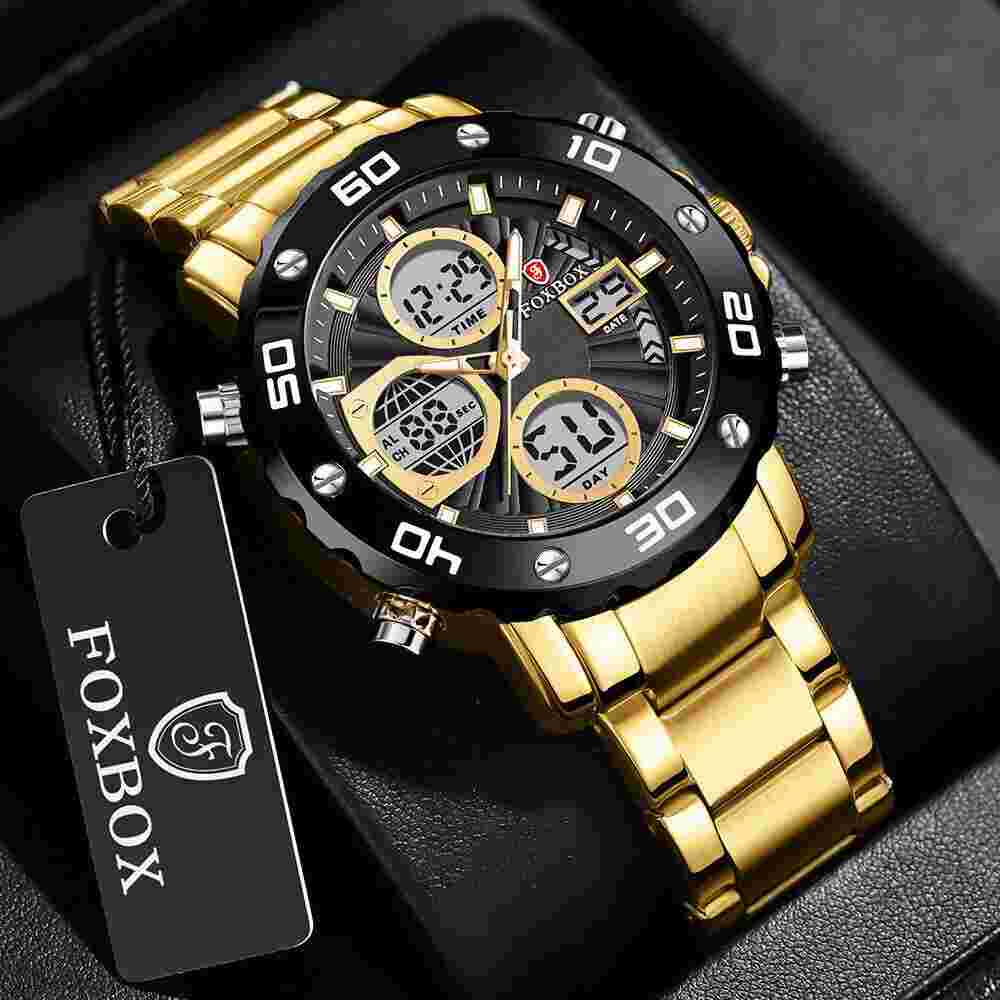 BANGWEI Men Sport Watches Full Steel Gold Male Wristwatch Big Dial Digital Watch