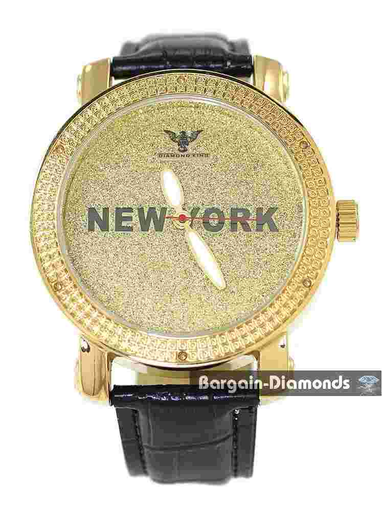 Mens New YORK Diamond Gold tone Clubbing Watch Bling Dial 8.5" Leather