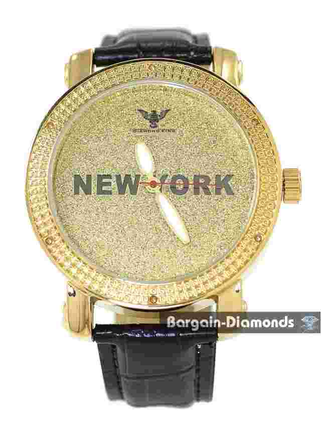 Mens New YORK Diamond Gold tone Clubbing Watch Bling Dial 8.5" Leather