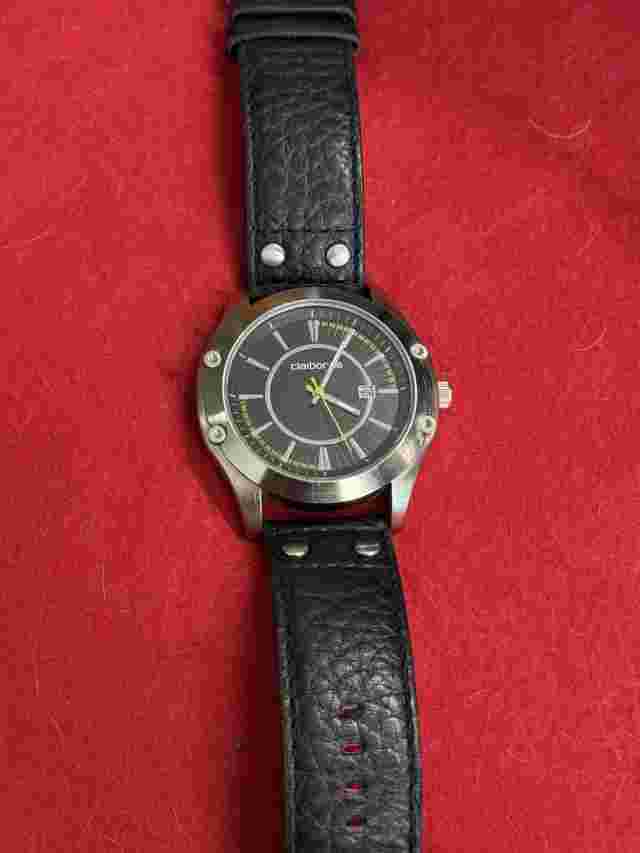 Claiborne Men Silver Black Leather Analog Quartz Date NEW ENERGIZER BATTERY 🔋