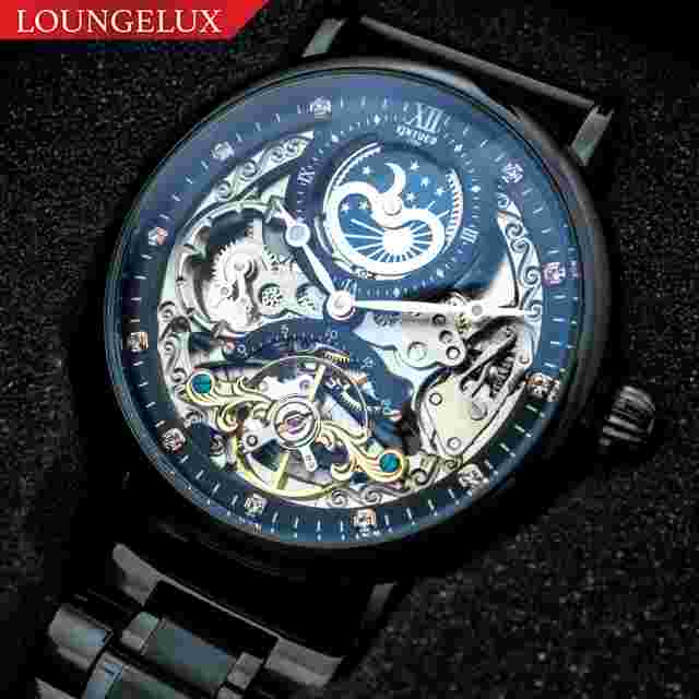 Mens Dual Time Flywheel Skeleton Automatic Mechanical Watch Stainless Black