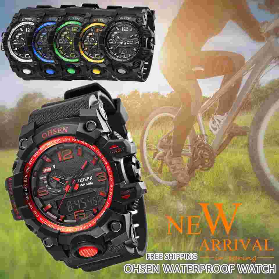 OHSEN Men Sport Watches Large Dial Dual Time Boy Digital Quartz Male Wristwatch