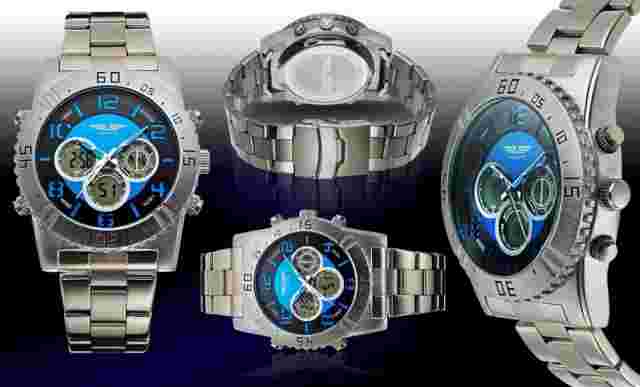 NEW Deporte 10006 Mens Misano Manly Ana-Digi Stainless Steel Blue Accented Watch