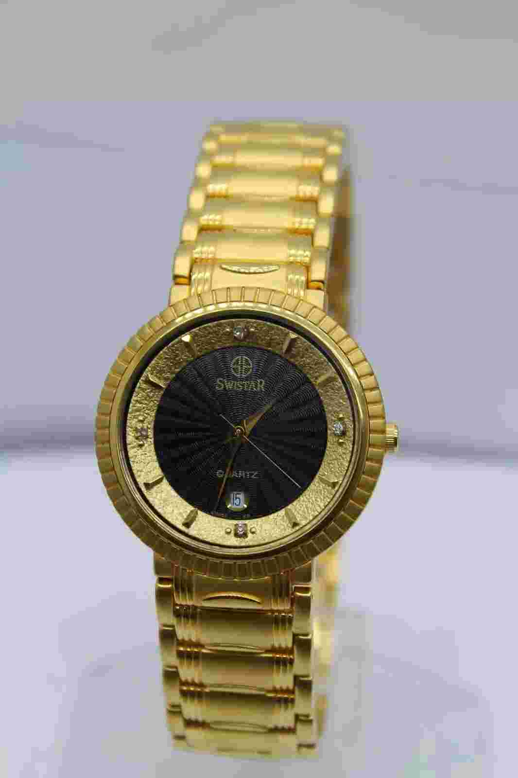 MINT SWISTAR ELECTRO PLATED 22K GOLD QUARTZ SWISS MADE UNISEX WATCH EXC++