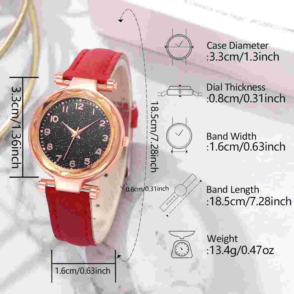 6PCS/Set Red Women's Watch With Minimalist Elements Dial Quartz Watch Latex Stra