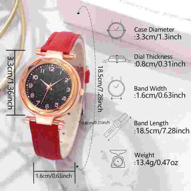 6PCS/Set Red Women's Watch With Minimalist Elements Dial Quartz Watch Latex Stra