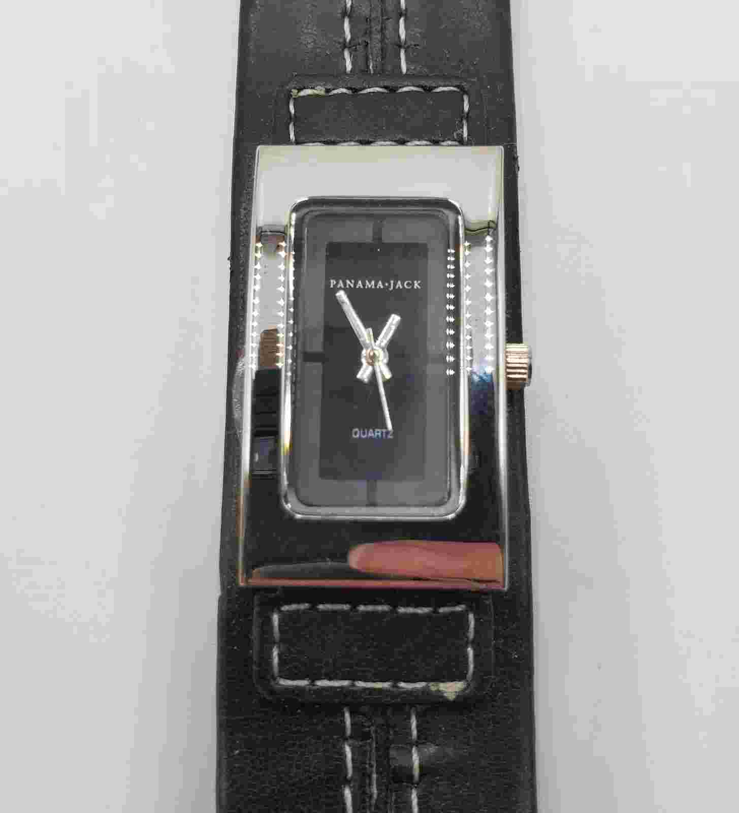Panama Jack Watch 1" Black Stitch Leather Retro Biker Wristwatch NEEDS BATTERY