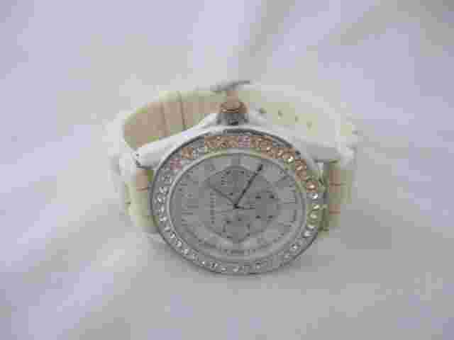 Attention Wristwatch Round Mother of Pearl Face White Buckle Band Rhinestones