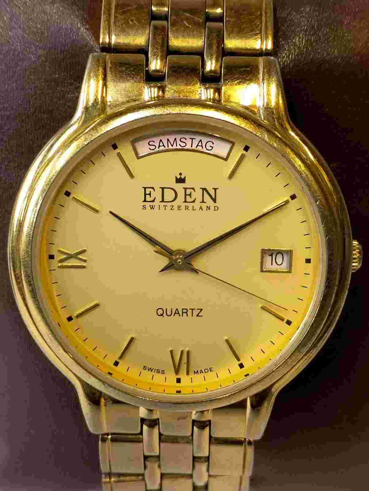 EDEN SWITZERLAND QUARTZ GOLD DIAL 10058H MEN'S FULL WORKING ALL ORG. VINTAGE