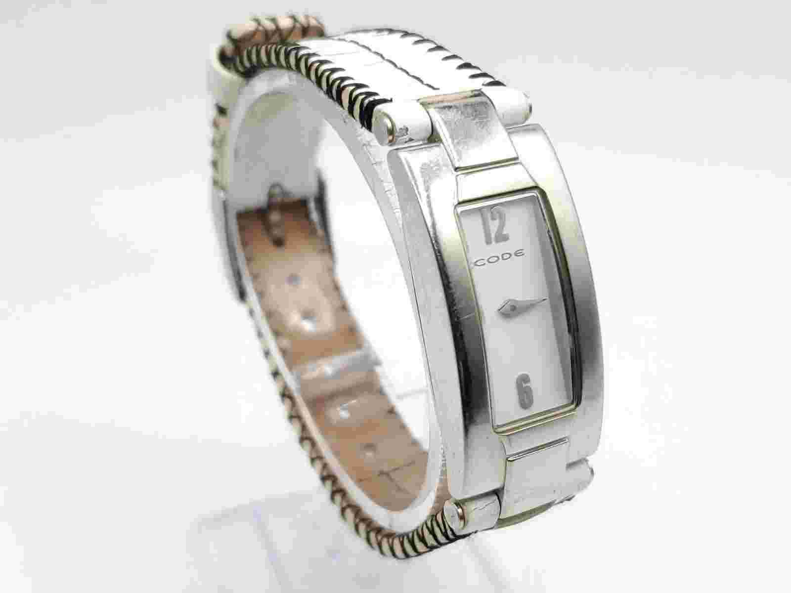 Code Quartz Womens Watch New Battery Siver Tone White Dial Rectangle 17mm