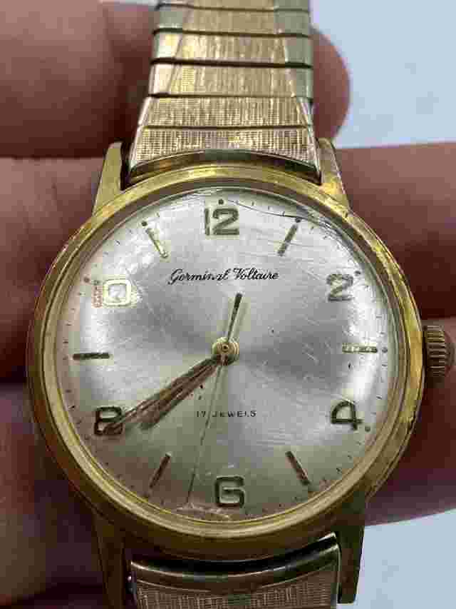 Vintage Gold Plated Watch Germinal Voltaire 17 Jewels Swiss Made Wind Up Stretch