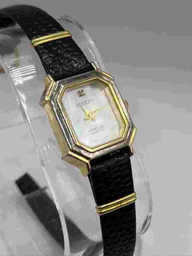 Adolfo Gemstone Quartz Women's Watch Black Leather Band Gold Case- New Battery
