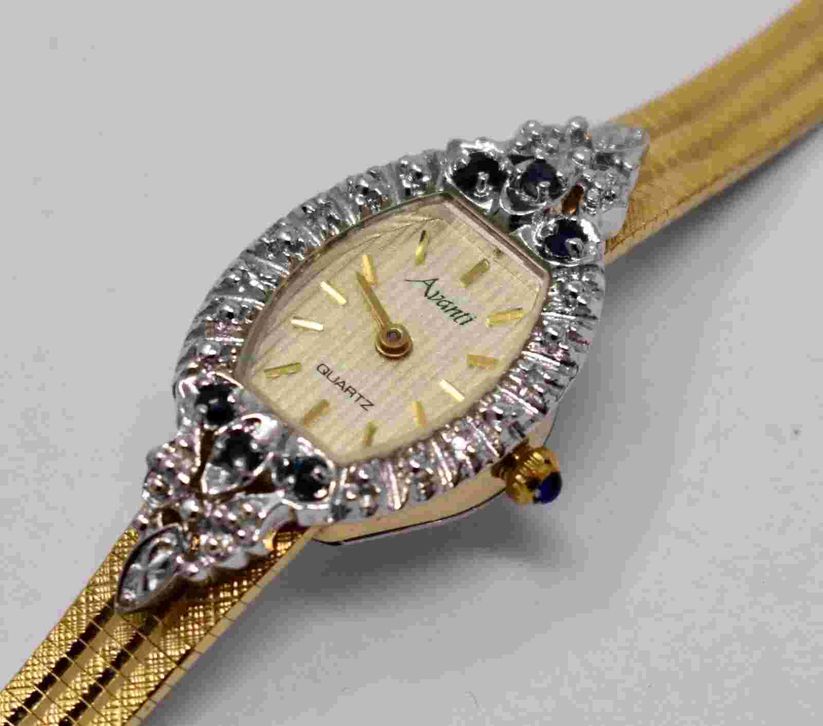 Avanti Ladies Diamond & .2cttw Sapphire Quartz Cocktail Gold Plated Wristwatch
