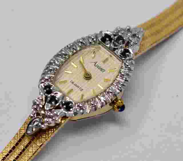 Avanti Ladies Diamond & .2cttw Sapphire Quartz Cocktail Gold Plated Wristwatch