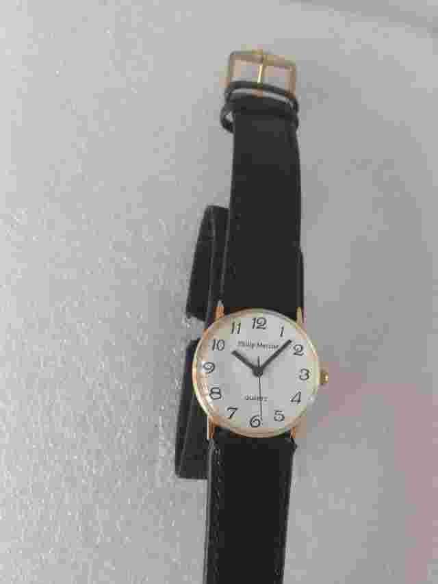 Philip Mercier Unisex Gold Tone Quartz Watch With A New Leather Black Strap