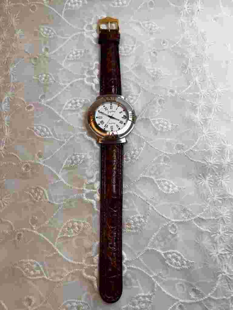 Vintage Jacques Farel Quartz Watch Mens Silver Case White Dial Leather Band Z