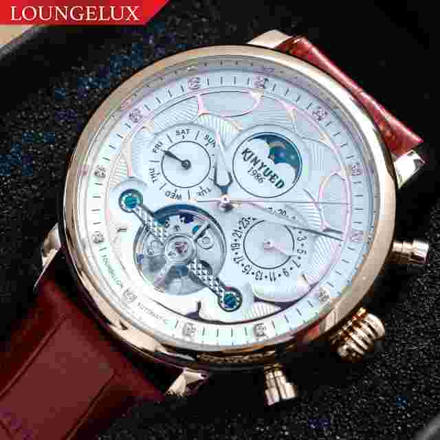 Mens Automatic Mechanical Watch Date Day Rose Gold White Red Leather Strap
