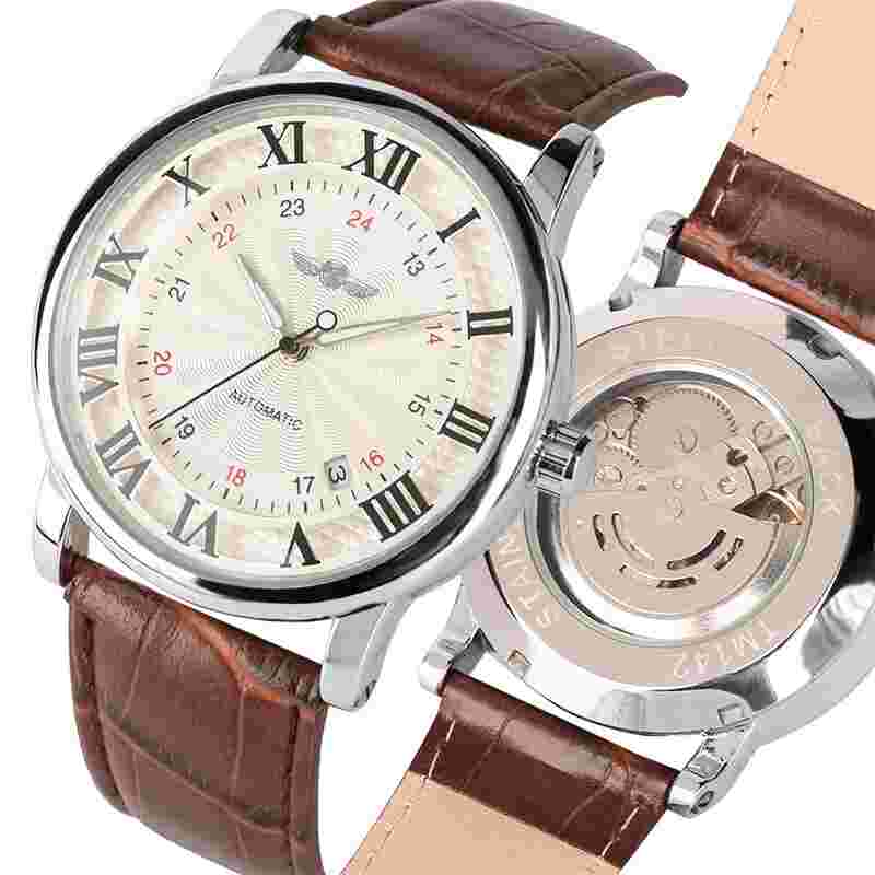 WINNER Mens Self Winding Automatic Watch Roman Numerals Dial Leather Wristwatch