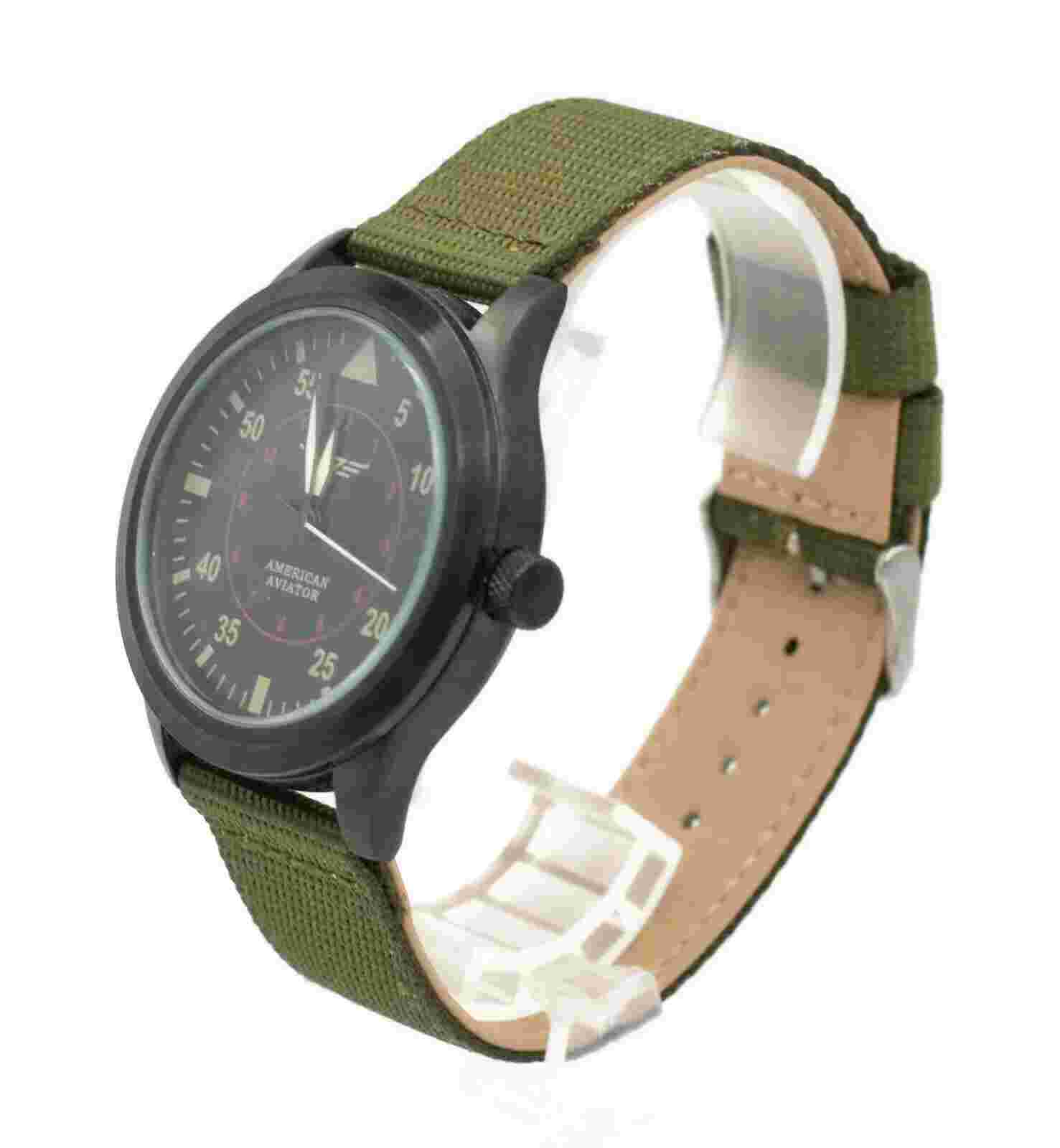 AMERICAN AVIATOR BLACK STAINLESS STEEL MEN'S WATCH WITH GREEN BAND 180615